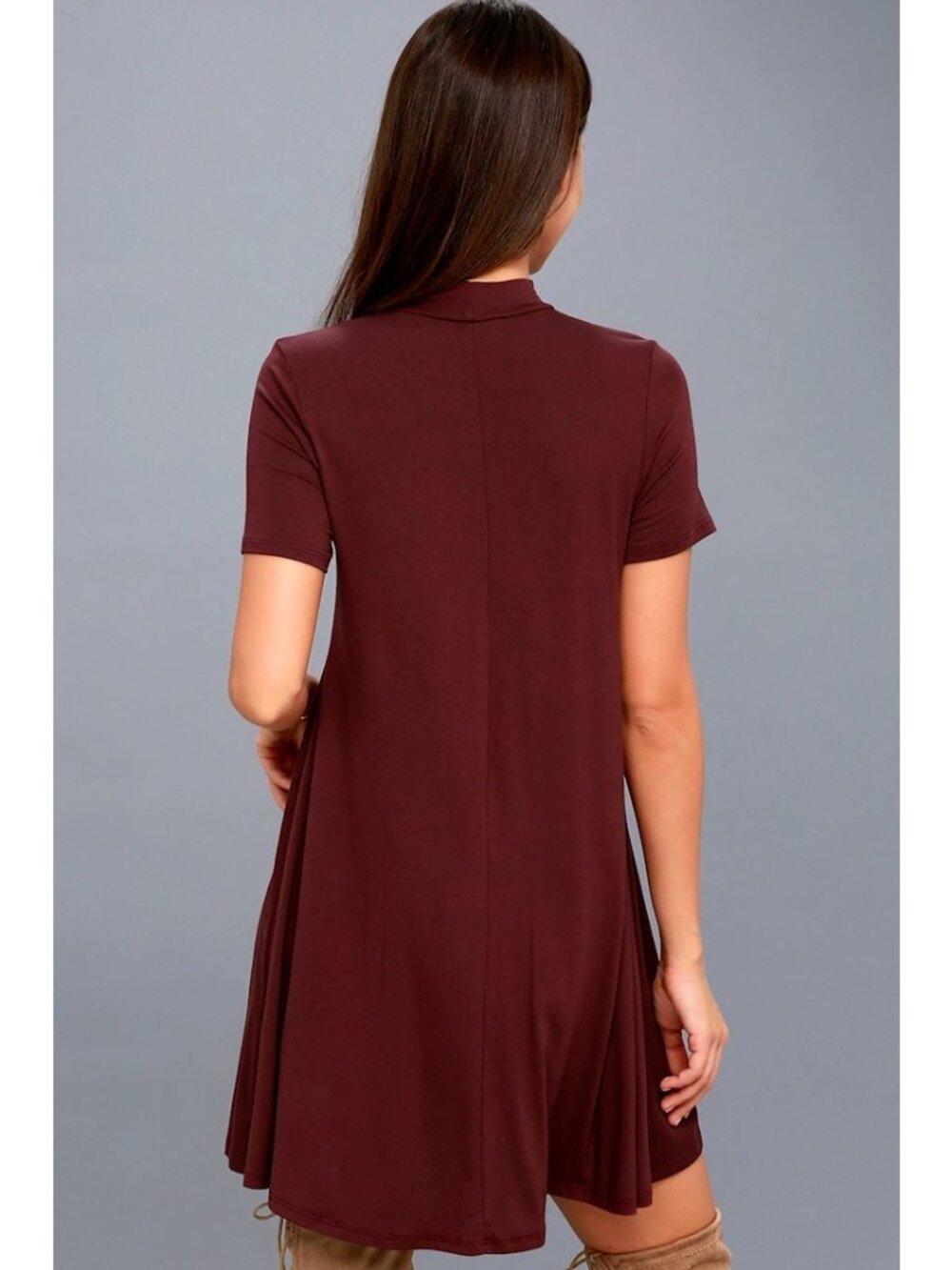 Lulus Swing Dress XS Burgundy Mock Neck Short Sleeve Made In USA - Picture 3 of 13